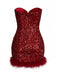 Wine Red 1980s Strapless Sequin Feather Trim Mini Dress