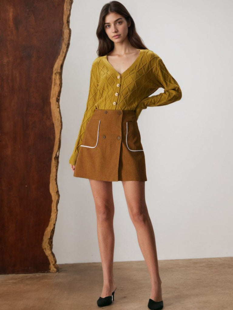 Brown 1980s Button Pocket High Waist A-Line Skirt