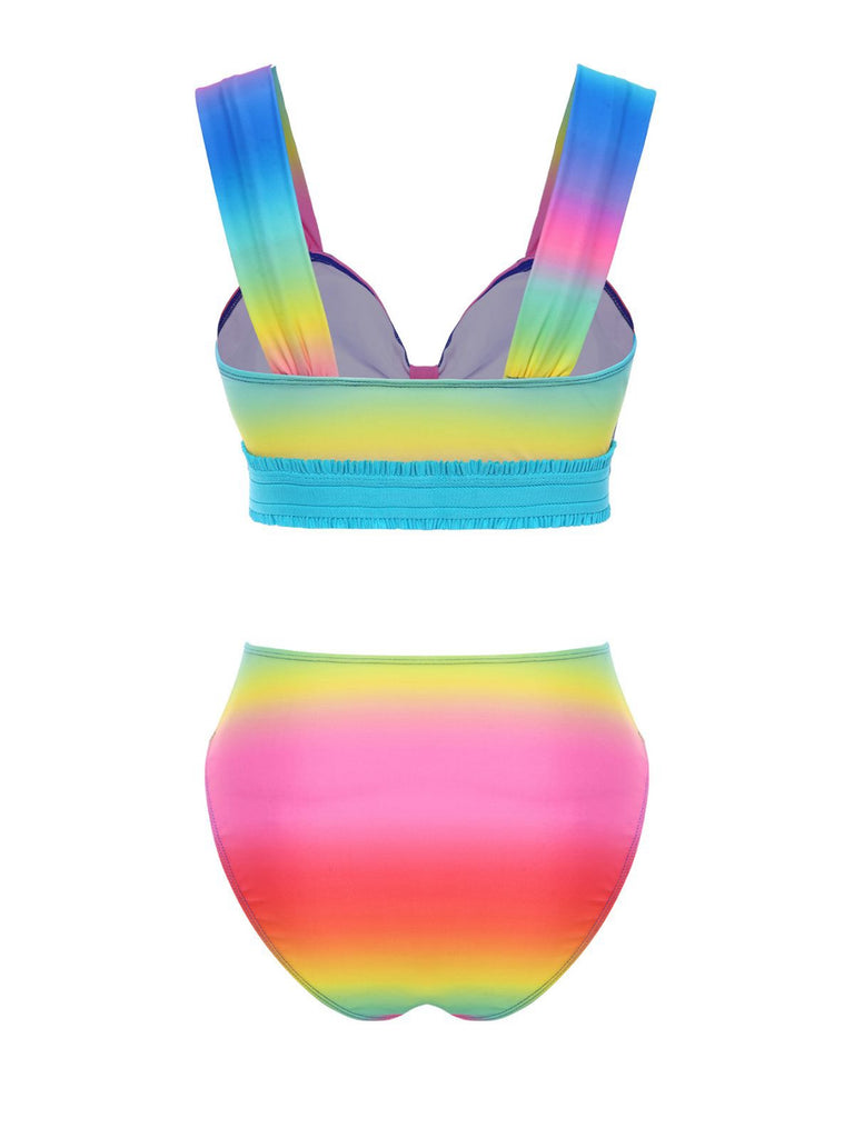 Multicolor 1960s Rainbow Gradient Ruched Bikini Set & Cover-Up