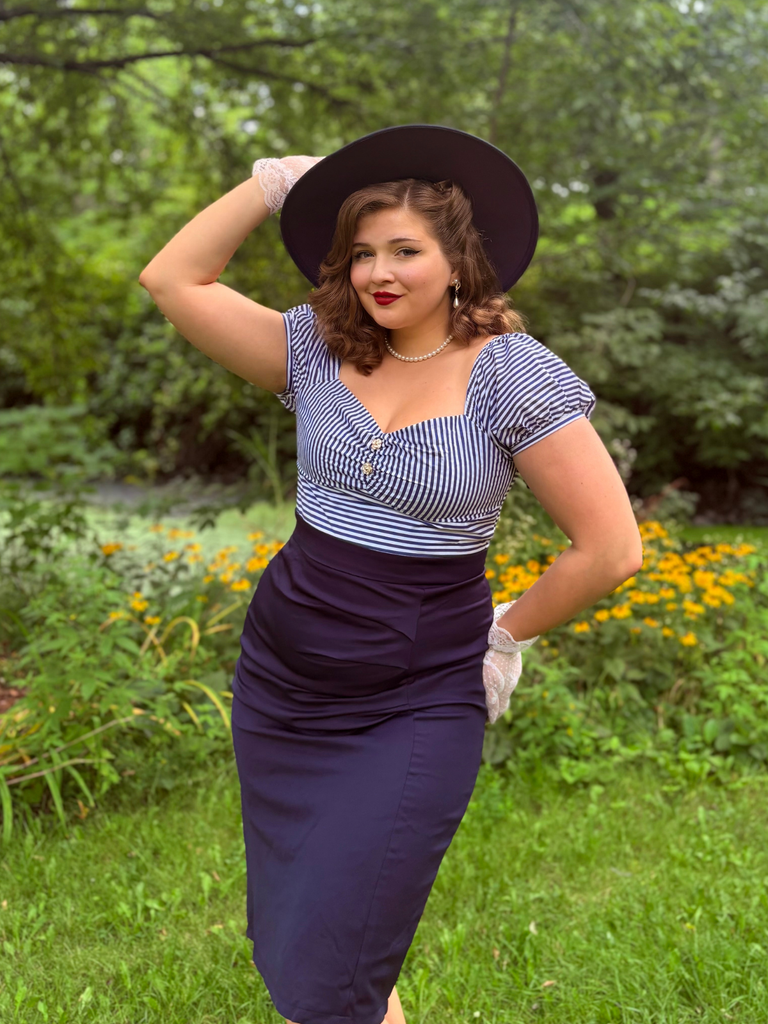 Dark Blue 1960s Striped Puff Sleeves Pencil Dress