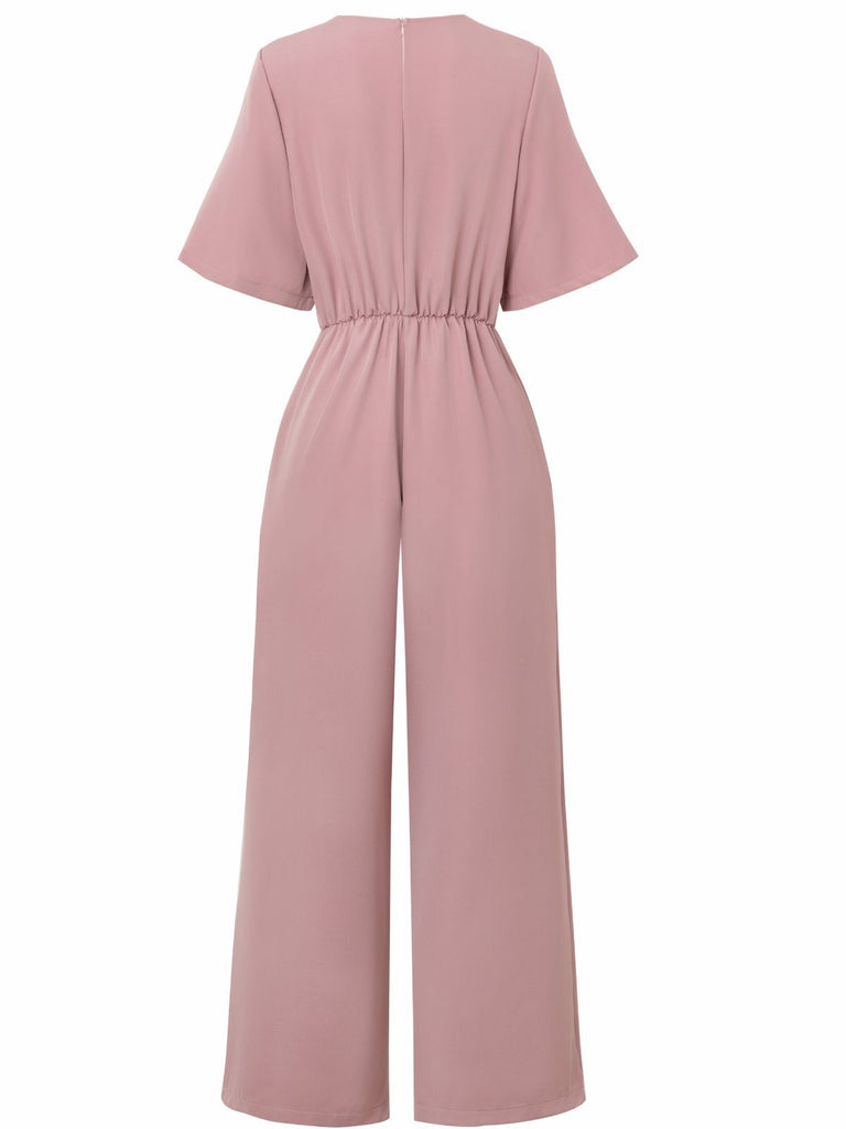 1940s Solid V-Neck Tie Short Sleeve Jumpsuit