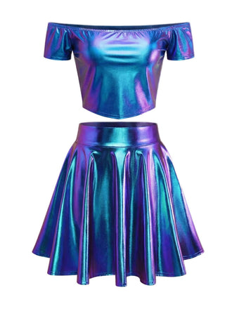 2PCS Metallic 1970 Disco Off-Shoulder Top & Pleated Skirt