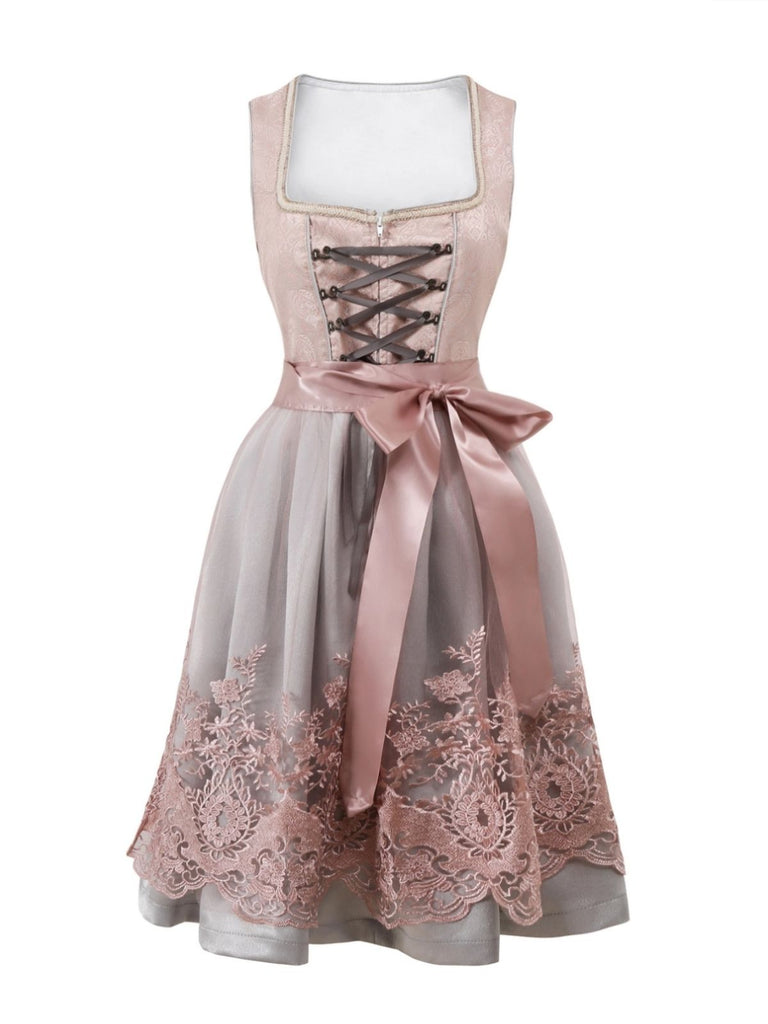 2PCS Orange Pink 1950s Jacquard Dress & Mesh Embroidered Apron