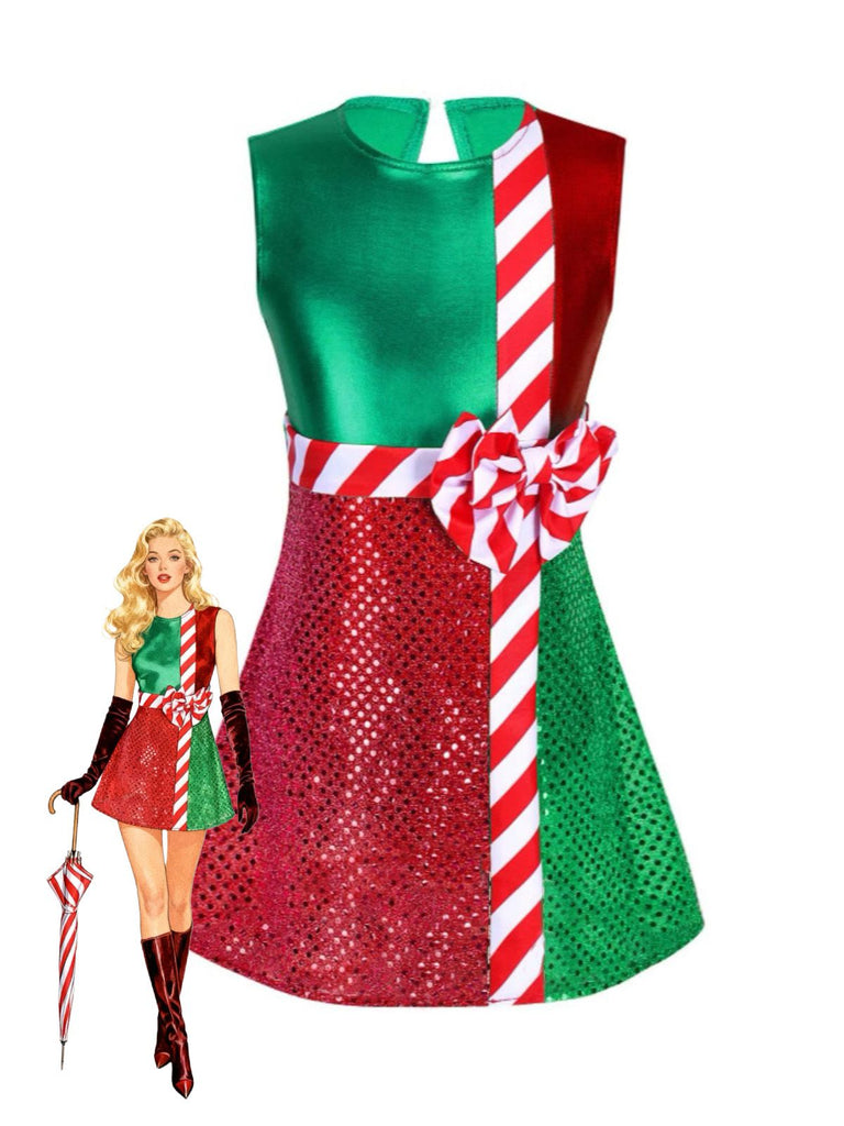 [Pre-Sale] 1950s Christmas Striped Bow Metallic Sequins Patchwork Dress
