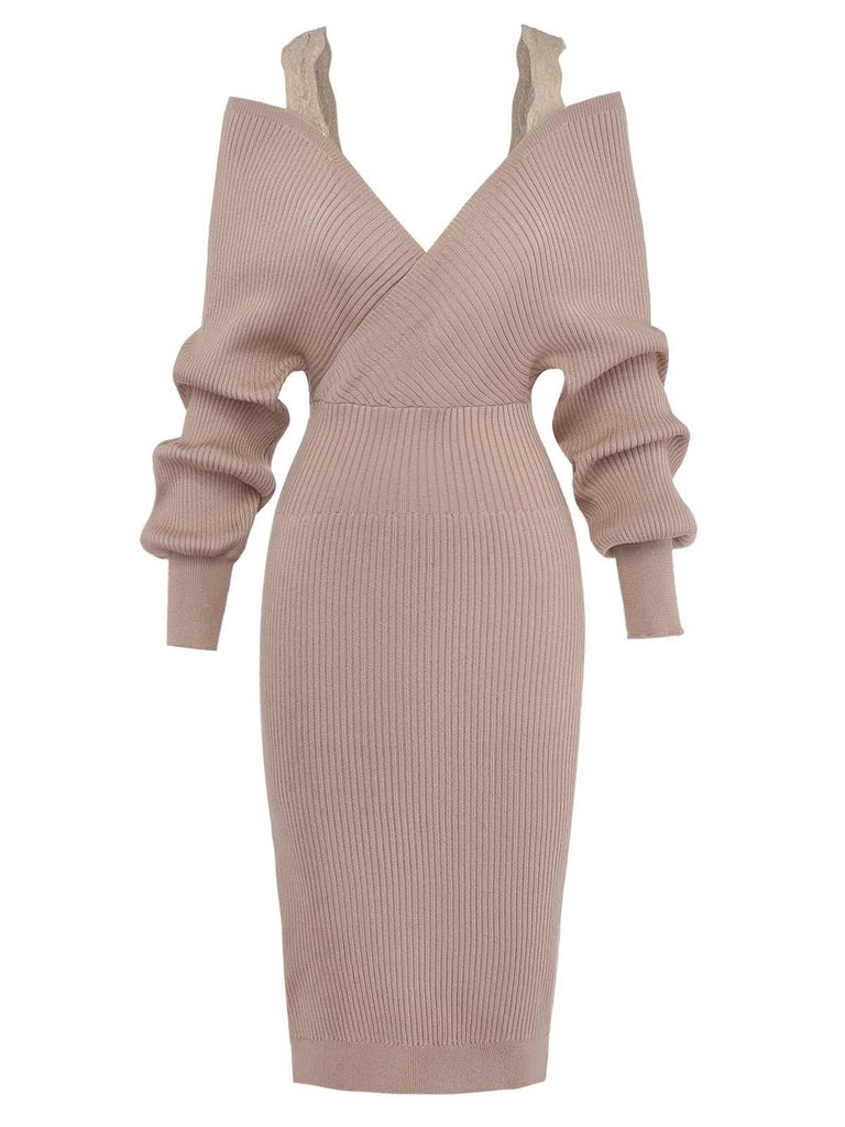 Khaki 1960s Cold Shoulder Lace Slit Knit Dress