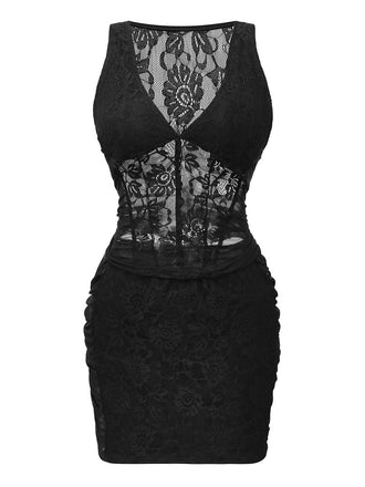 2PCS Black 1960s Lace Floral Sheer Top & Skirt