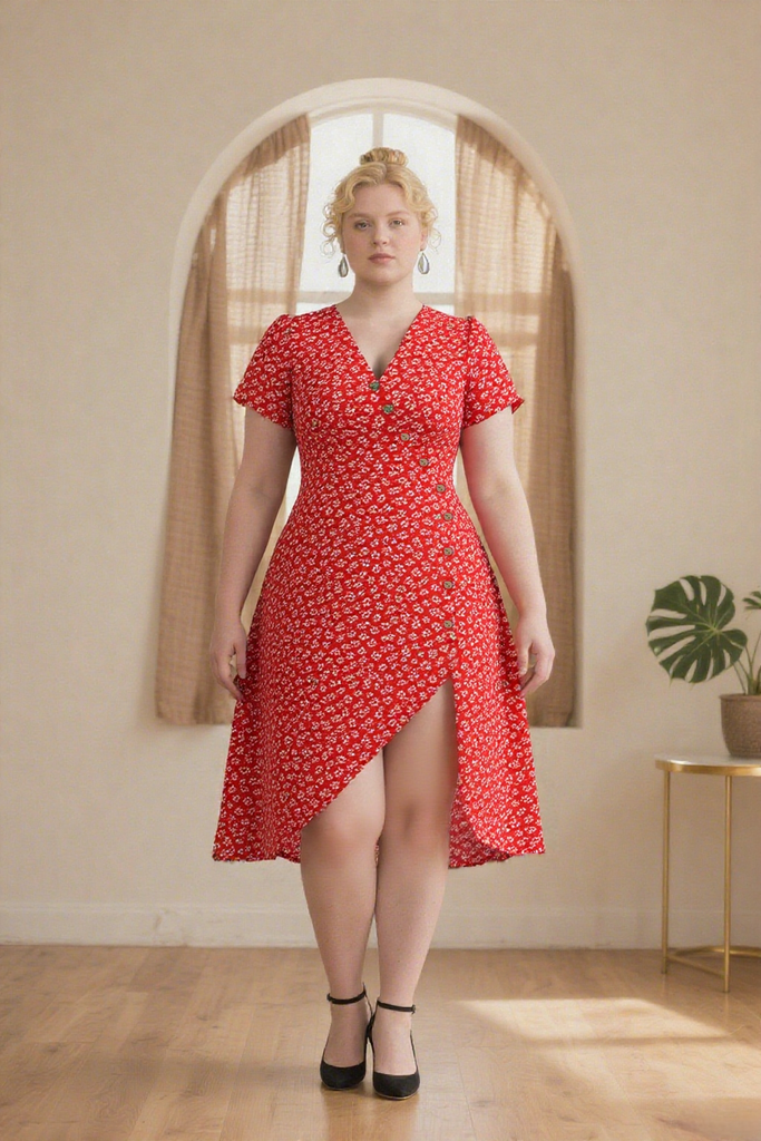 [Plus Size] Red 1940s Floral V-Neck Added Button Dress