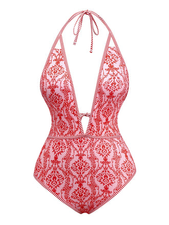 Red 1970s Deep V-Neck Halter Baroque Prints Swimsuit