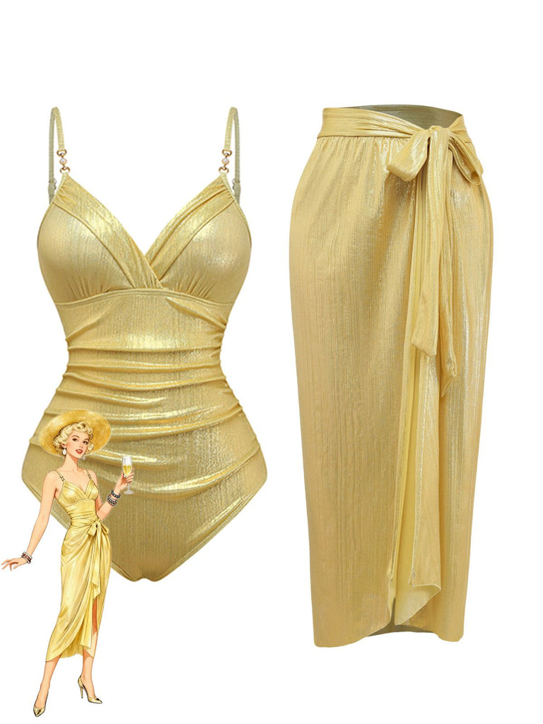 Gold 1980s Ruched One-Piece Swimsuit & Cover Up