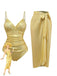 Gold 1980s Ruched One-Piece Swimsuit & Cover Up