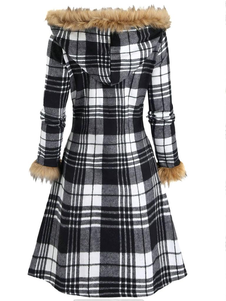 1940s Plaid Toggle Faux Fur Trim Hooded Coat
