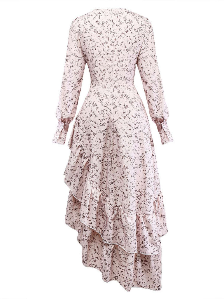 Multicolor 1940s Floral V-Neck Irregular Ruffle Hem Dress