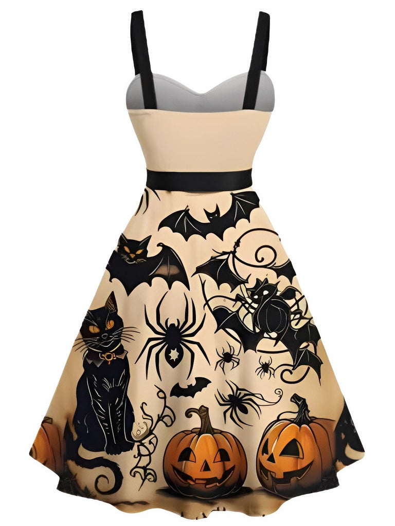 [Pre-Sale] Orange 1950s Halloween Pumpkin Cat Bat Print Swing Dress
