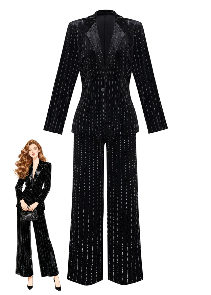 2PCS Black 1960s Velvet Sequin Blazer & Pants Set