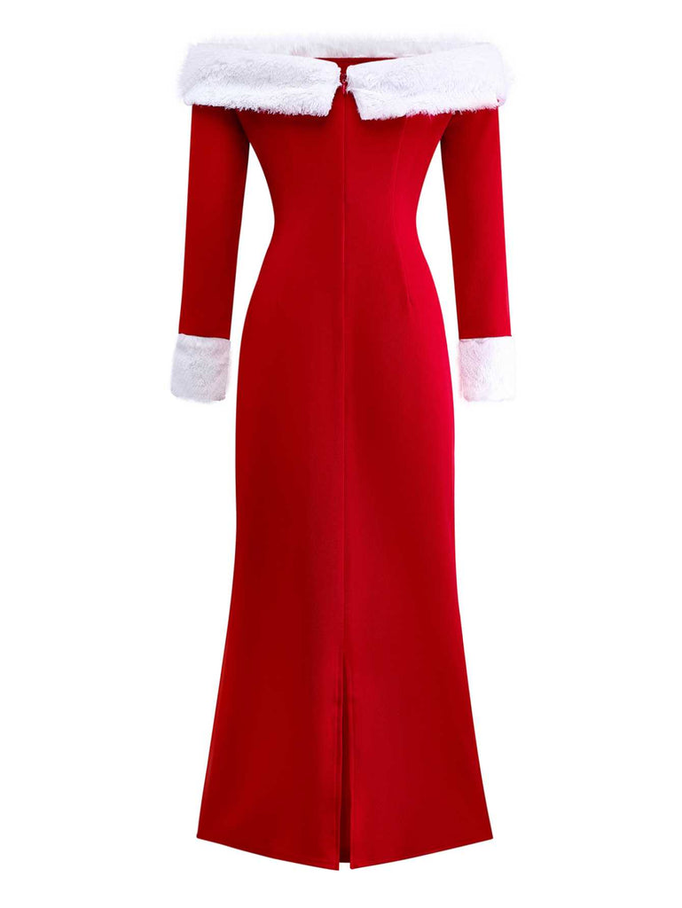 1930s Off-Shoulder Faux Fur Trim Christmas Dress