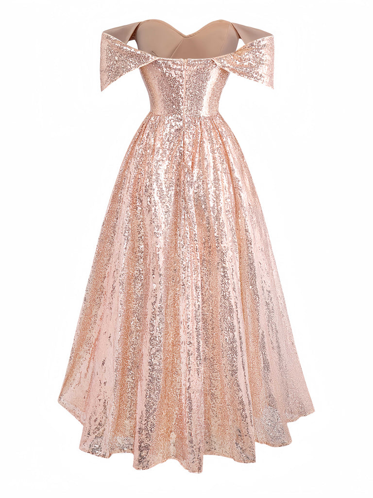 Champagne 1930s Off-Shoulder Sequin Dress