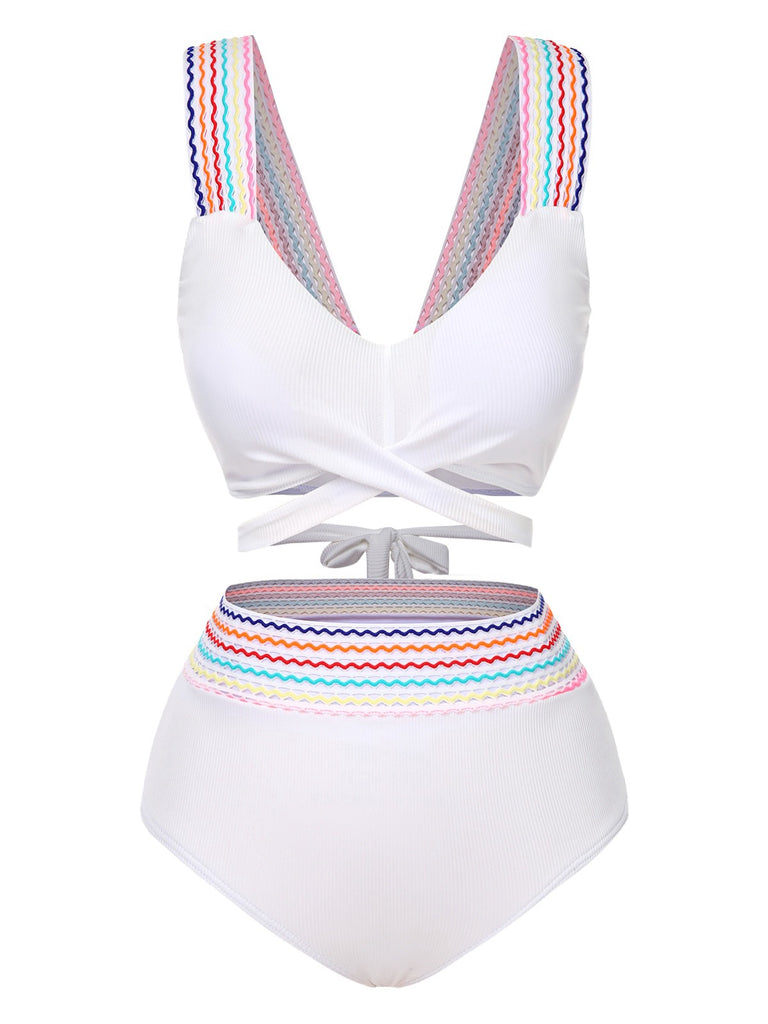 1940s Rainbow Lace-Up Patchwork Strap Bikini Set