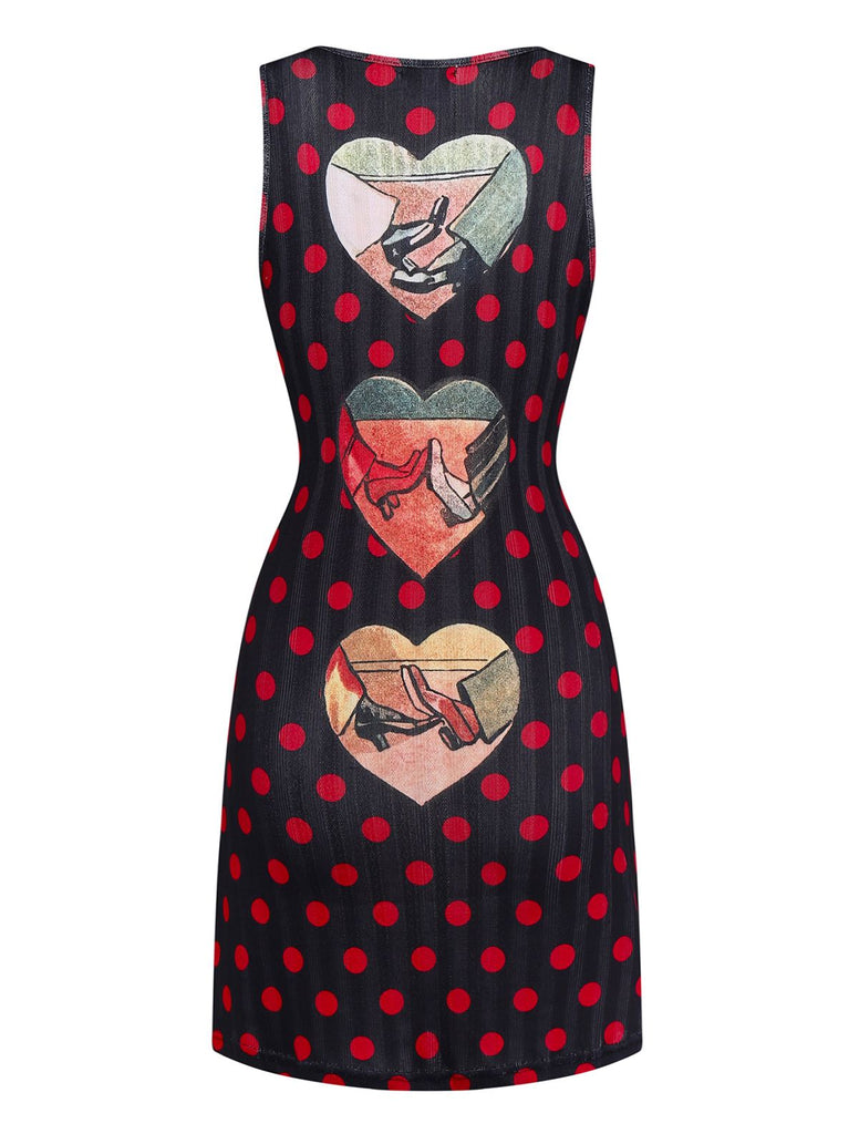 Black 1980s Polka Dot Heart Graphic Pencil Dress