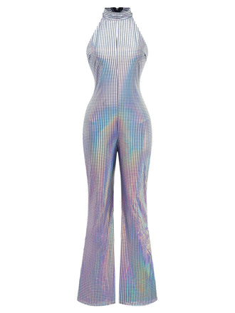Silver 1970s Disco Sleeveless Metallic Jumpsuit