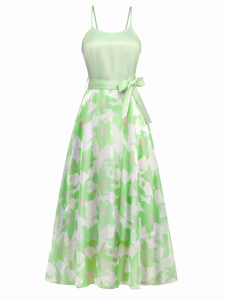 1930s Bow Organza Floral Spaghetti Straps Dress