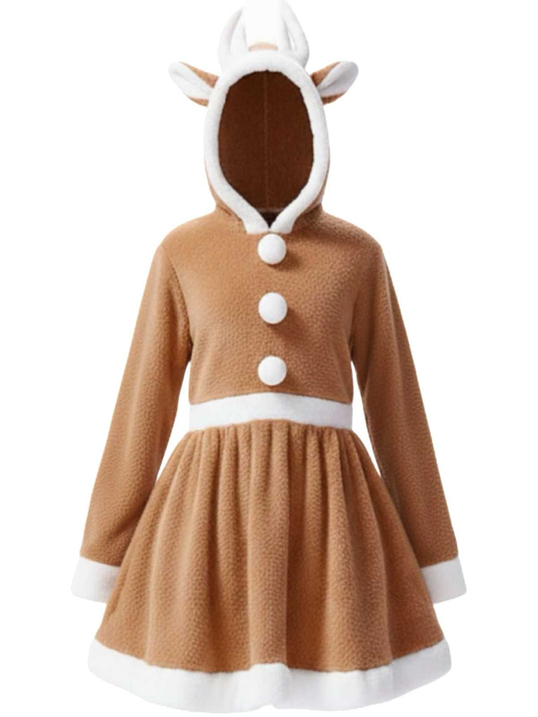 1960s Christmas Reindeer Hooded Coral Fleece Dress