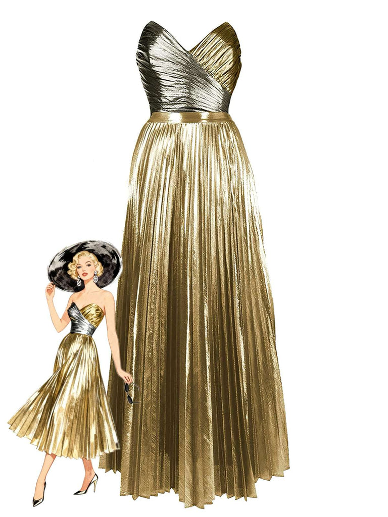 Glamorous gold metallic 1950s one-piece swimsuit with matching pleated cover-up skirt, perfect for poolside elegance and beach resorts