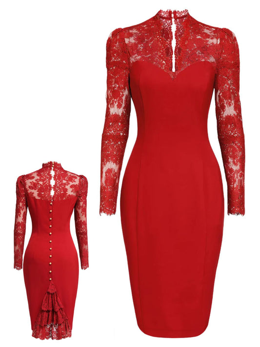 Red 1960s Lace Long Sleeves Patchwork Dress