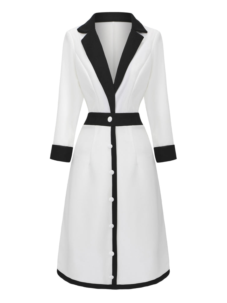 White & Black 1940s Deep V-Neck Notched Button Dress