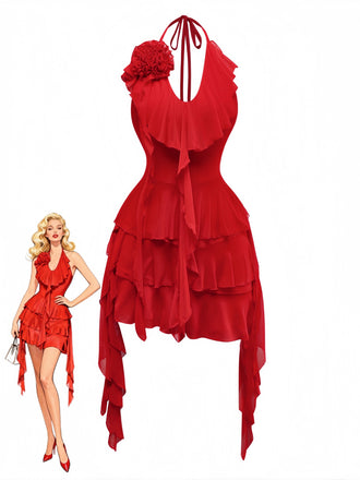 Red 1960s Ruffled 3D Floral Lace-Up Halter Dress