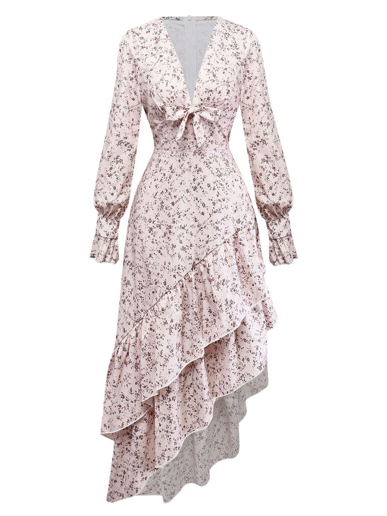 Multicolor 1940s Floral V-Neck Irregular Ruffle Hem Dress