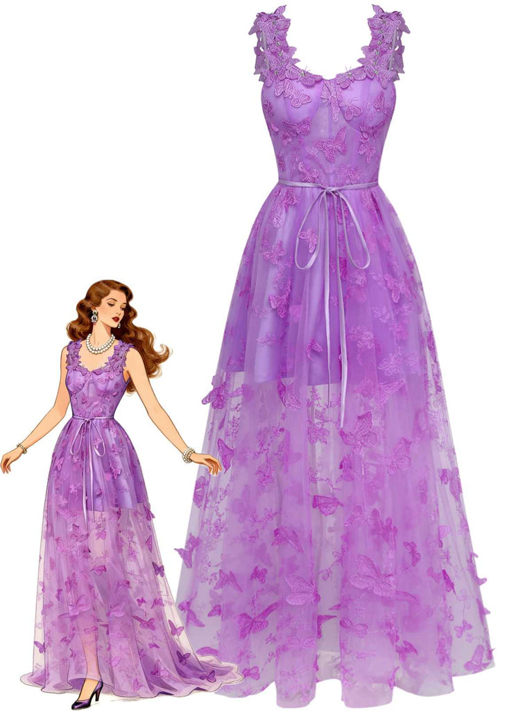 1930s Spaghetti Strap 3D Butterflies Mesh Maxi Dress