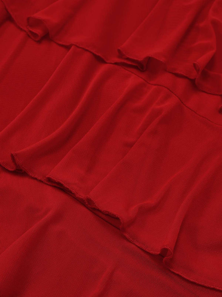 Red 1960s Ruffled 3D Floral Lace-Up Halter Dress