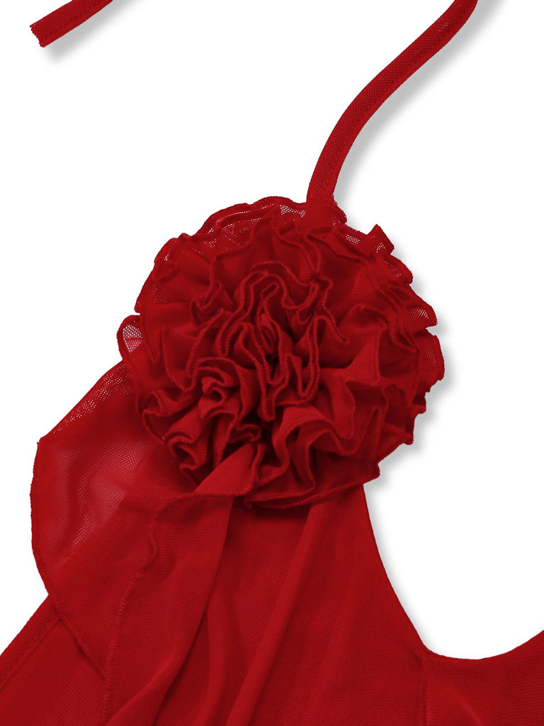 Red 1960s Ruffled 3D Floral Lace-Up Halter Dress