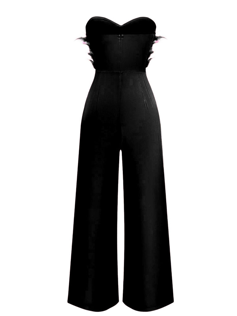 1970s Strapless Feather Solid Jumpsuit