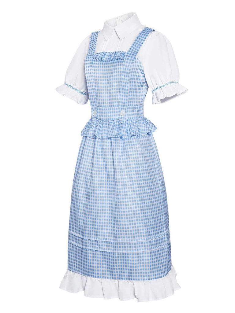 Blue 1970s Gingham Ruffle Puff Sleeve Costume Dress