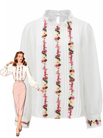 White 1930s Floral Embroidered Ruffled Collar Blouse