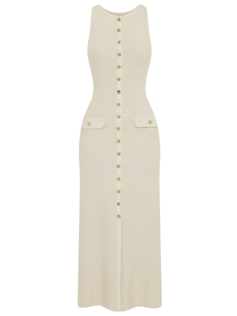 1960s Solid Sleeveless Single-Breasted Knitted Dress