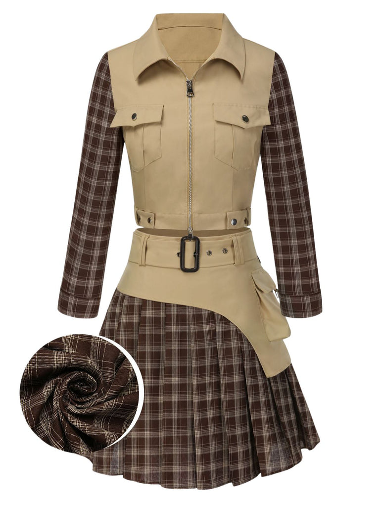 [Pre-Sale] 2PCS Khaki & Brown 1960s Plaid Patchwork Jacket & Pleated Skirt