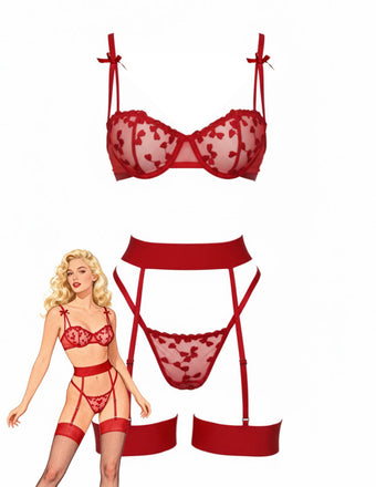 3PCS 1980s Lace Bow Detail Lingerie Set