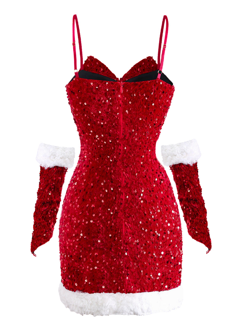 Red 1960s Christmas Sequined Twisted Dress Set