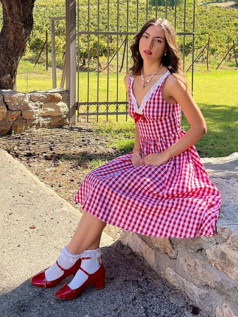 Red 1950s Lace V-Neck Plaid Dress