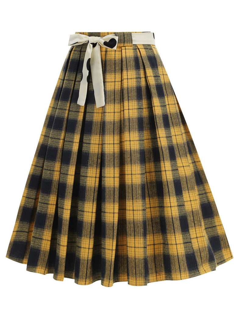 1950s Polka Dot Belt Plaid Pleated Skirt