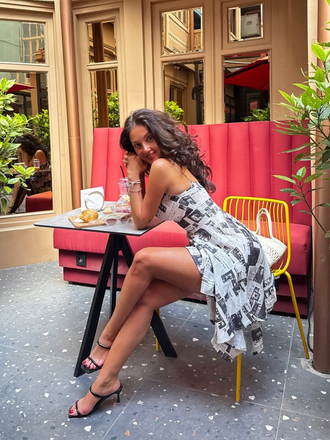 Gray 1970s Spaghetti Straps Cowl Neck Newspaper Dress