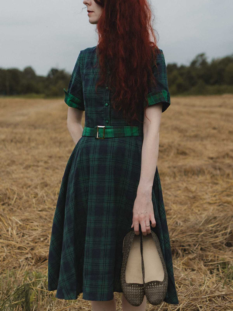 Plaids 1950s Buttoned Belted Swing Dress