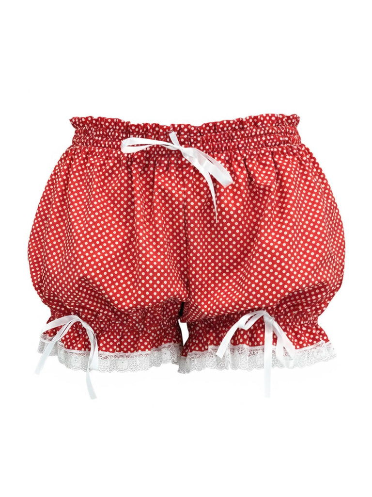 Red 1980s Polka Dot Bow Lace Trim Pumpkin Shorts