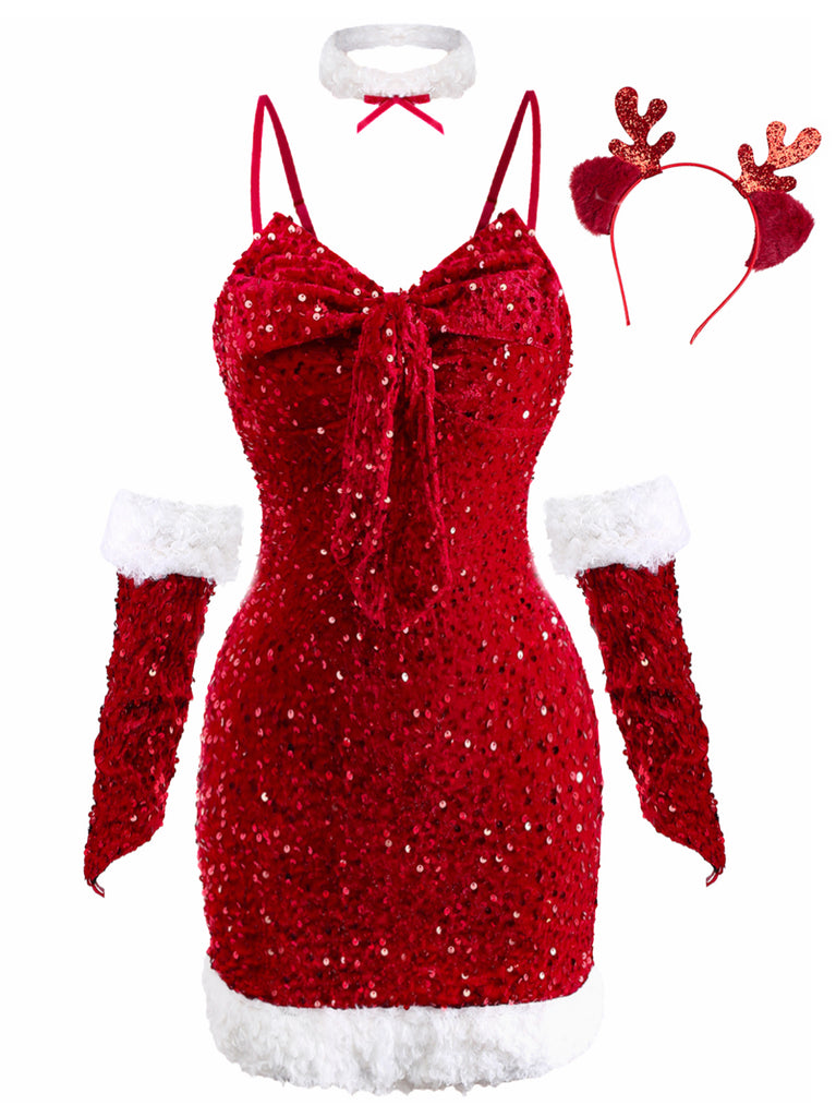 Red 1960s Christmas Sequined Twisted Dress Set