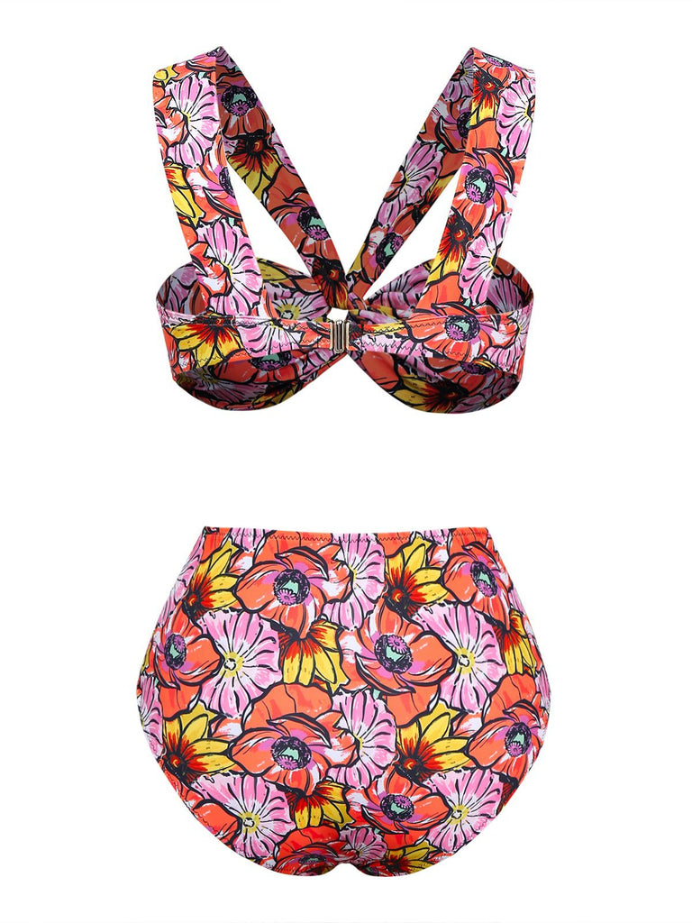 Pink 1970s Boho Floral Cross Neck Swimsuit