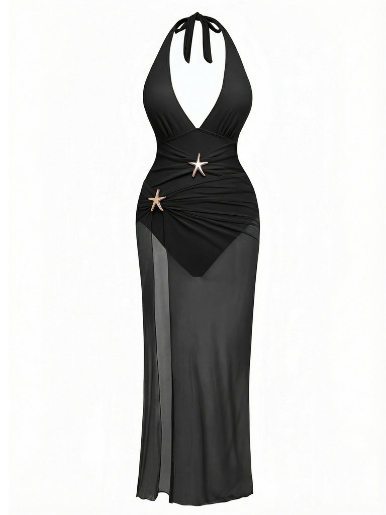 2PCS 1940s Deep V Halter Starfish One-Piece Swimsuit & Cover-Up