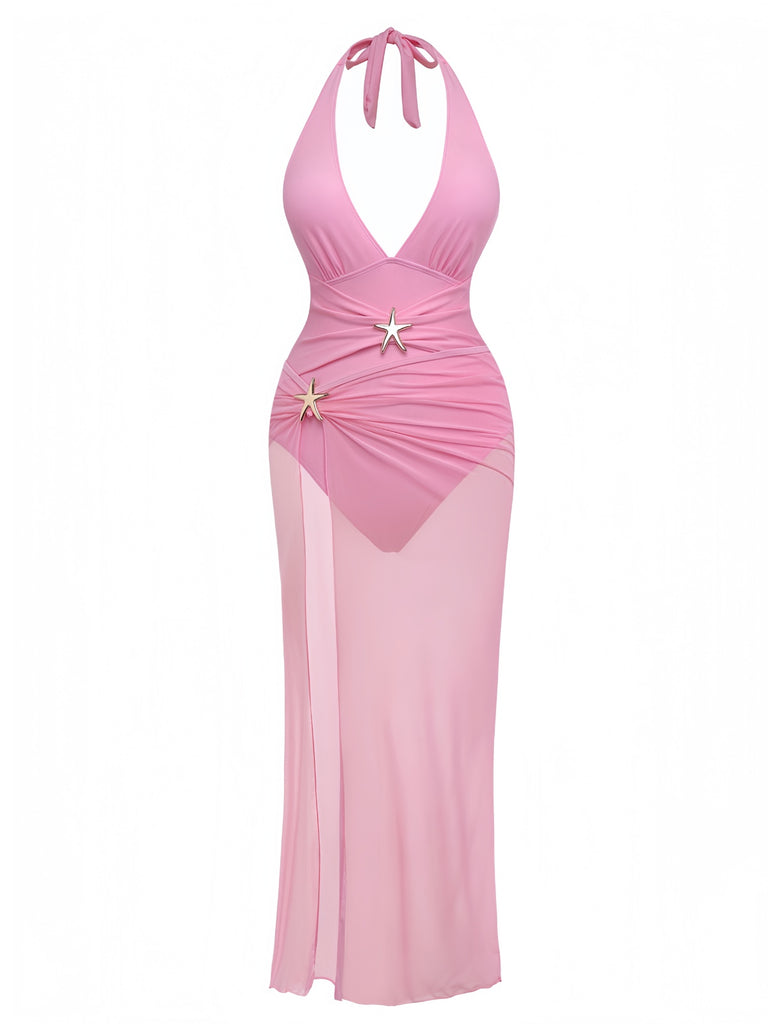 2PCS 1940s Deep V Halter Starfish One-Piece Swimsuit & Cover-Up