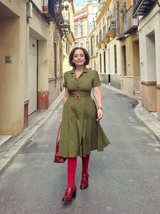 Green 1940s Lapel Buttoned Solid Dress
